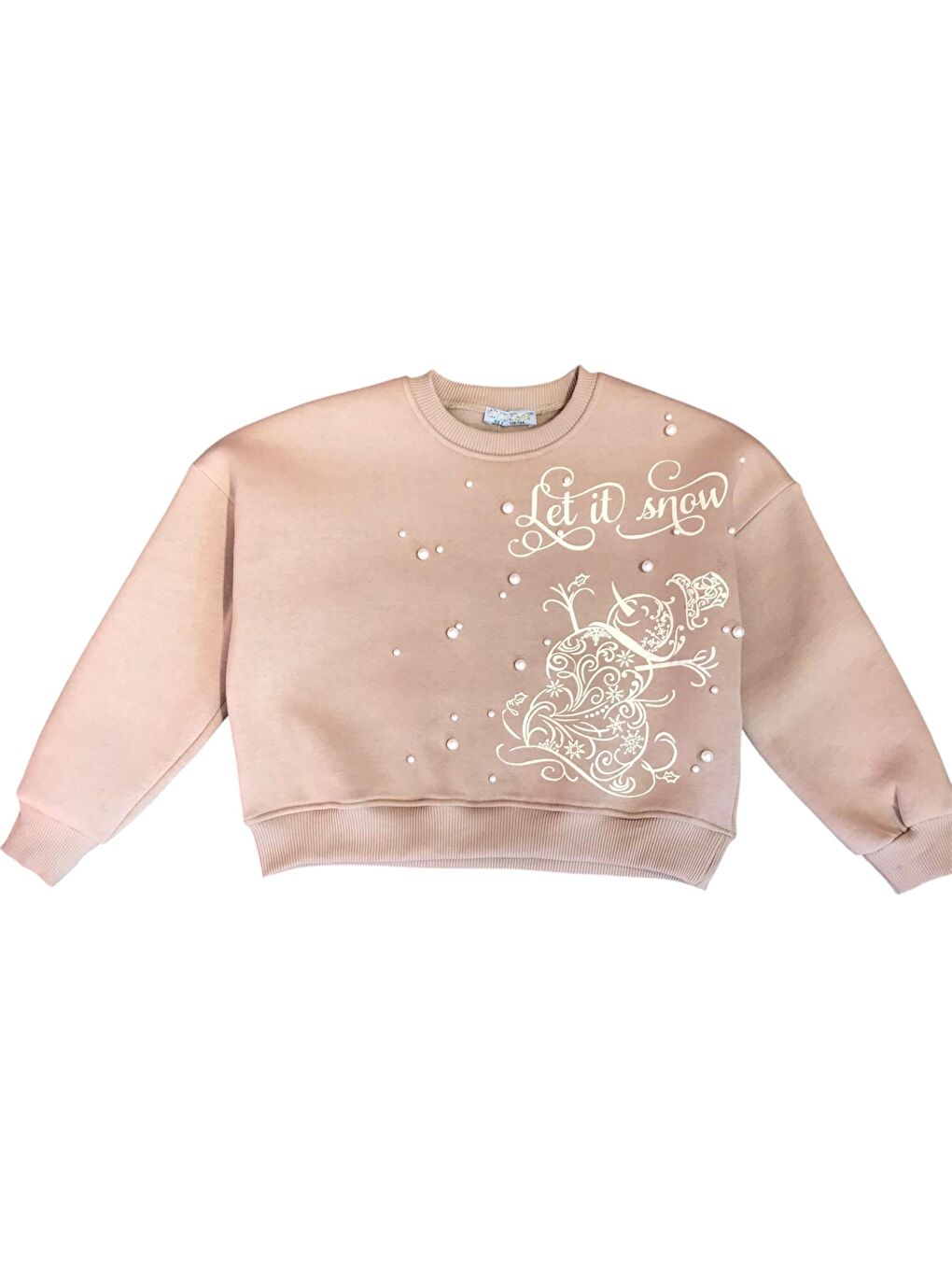 Little Star Bej Kız Çocuk Şardonlu Kumaş  İncili Kardan Adam Sweatshirt