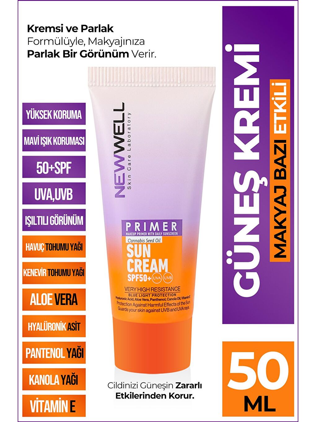 New Well Krem Makyaj Bazı Güneş Kremi SPF 50+ Aydınlatıcı Etkili Primer Sunscreen 50 ml - 1