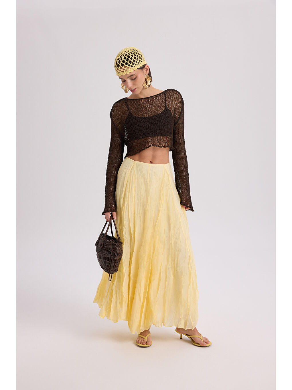 Freesia Kırışık Sarı Uzun Etek-5