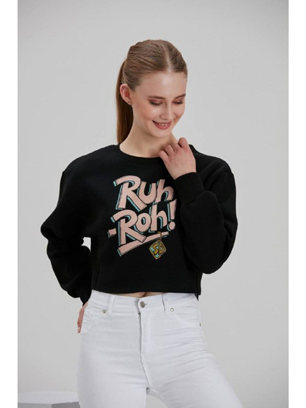 Kadın Siyah Baskılı Sweatshirt-1