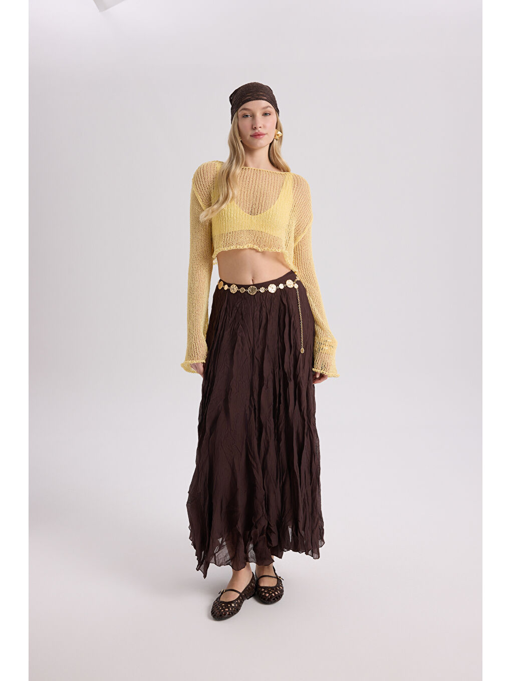 Kahverengi Freesia Kırışık Kahve Uzun Etek-5