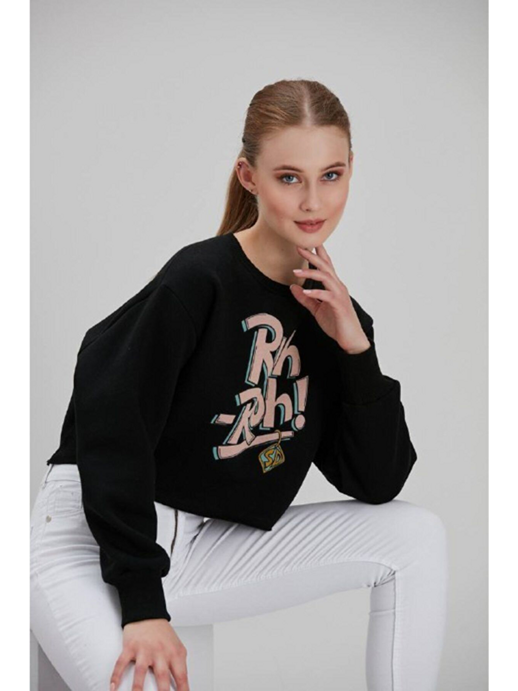 Kadın Siyah Baskılı Sweatshirt-2
