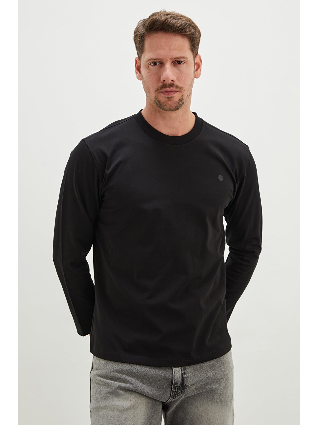 Siyah Baskılı Bisiklet Yaka Sweatshirt-1
