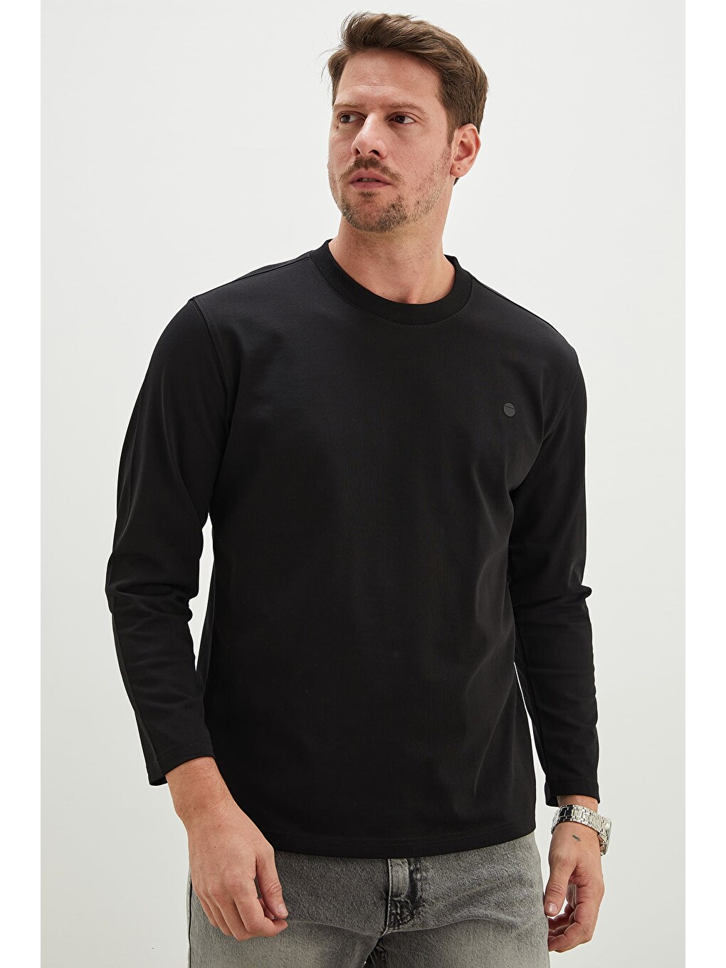 Siyah Baskılı Bisiklet Yaka Sweatshirt-3