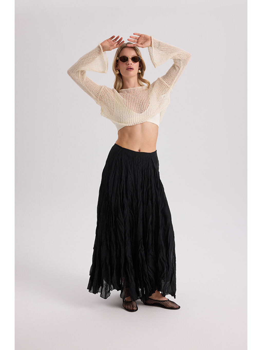 Freesia Kırışık Siyah Uzun Etek-5