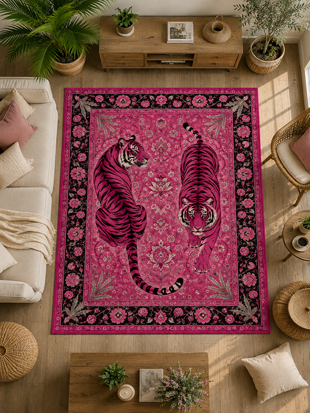 Modern Pembe Kaplan Desenli Kadife Kumaş Dot Taban Kaymaz Dijital Baskılı Dekoratif Halı-1