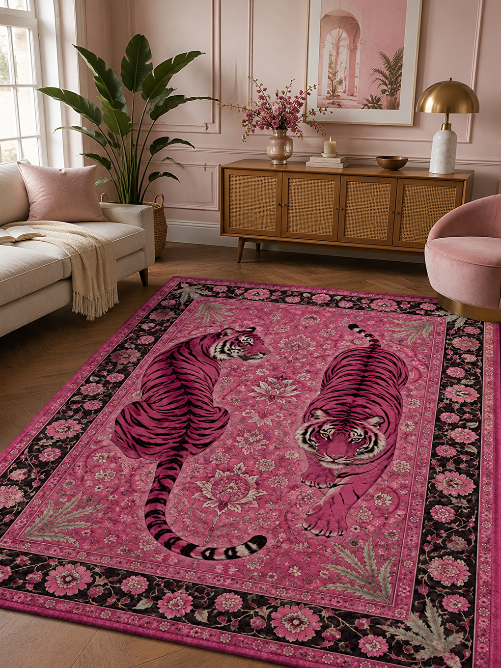 Modern Pembe Kaplan Desenli Kadife Kumaş Dot Taban Kaymaz Dijital Baskılı Dekoratif Halı-2