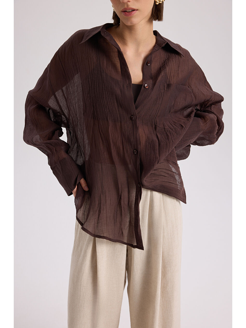 Kahverengi Darya Kırışık Detay Kahve Gömlek