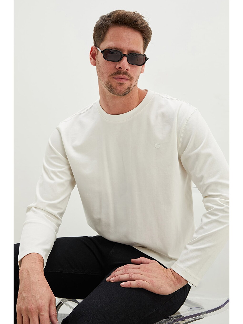 Ekru Baskılı Bisiklet Yaka Sweatshirt-1