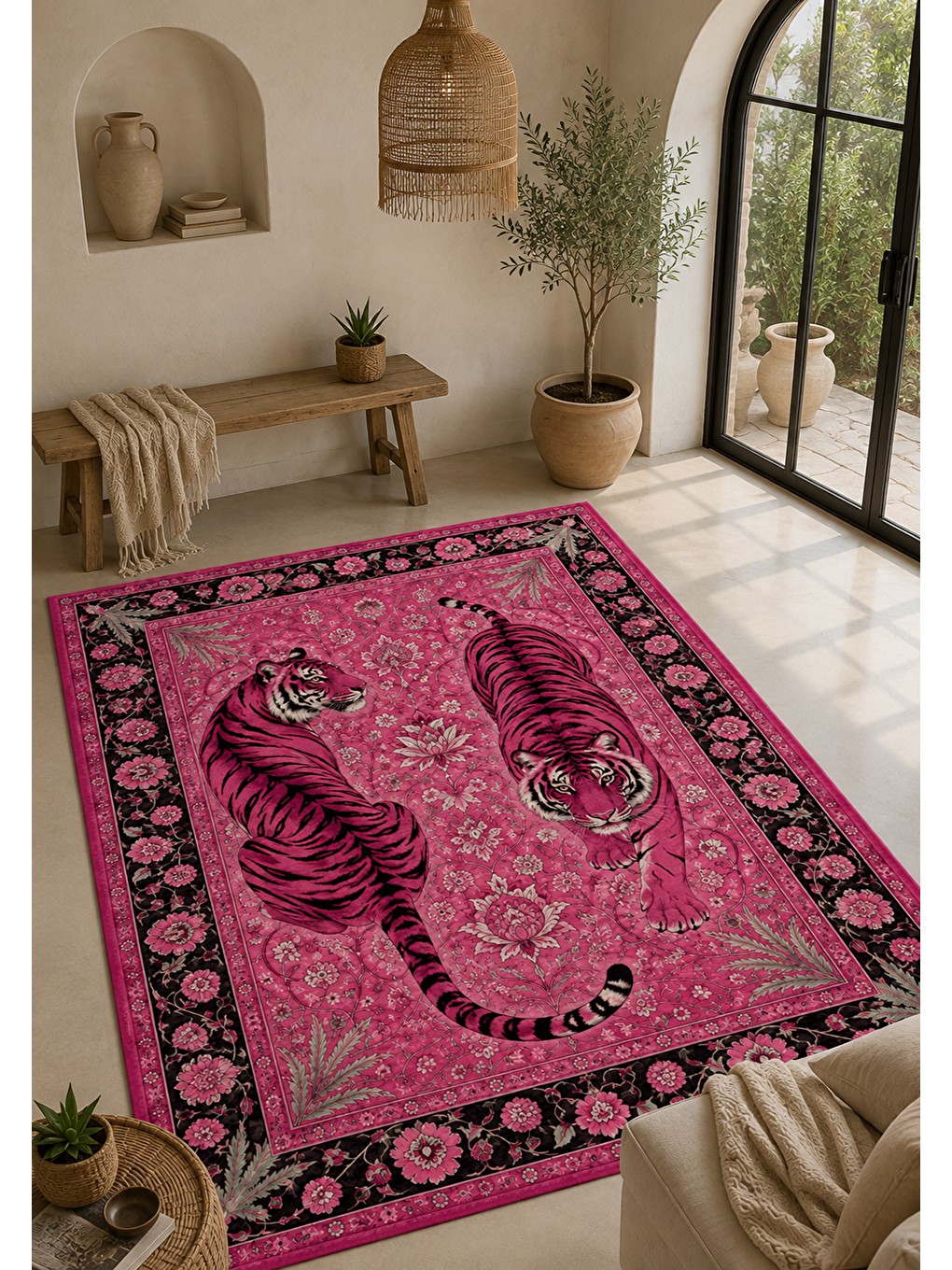 Modern Pembe Kaplan Desenli Kadife Kumaş Dot Taban Kaymaz Dijital Baskılı Dekoratif Halı-3