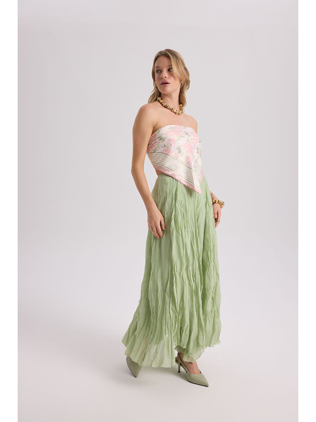 Freesia Kırışık Yeşil Uzun Etek-1