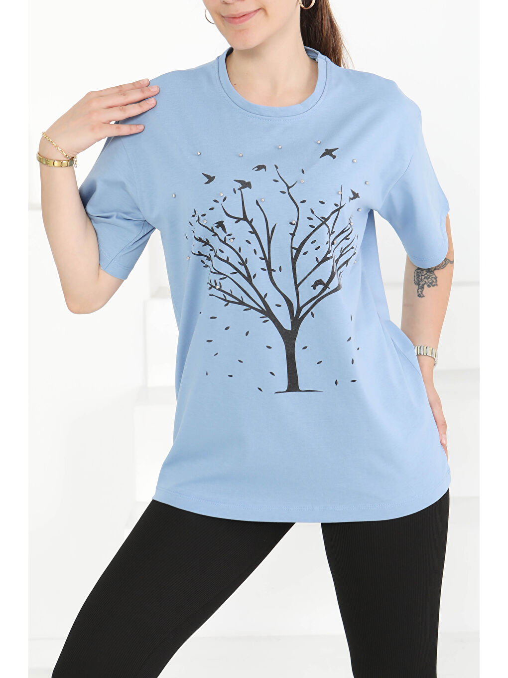 İndigo Baskılı Taşlı T-Şhirt Indigo - 27375-1