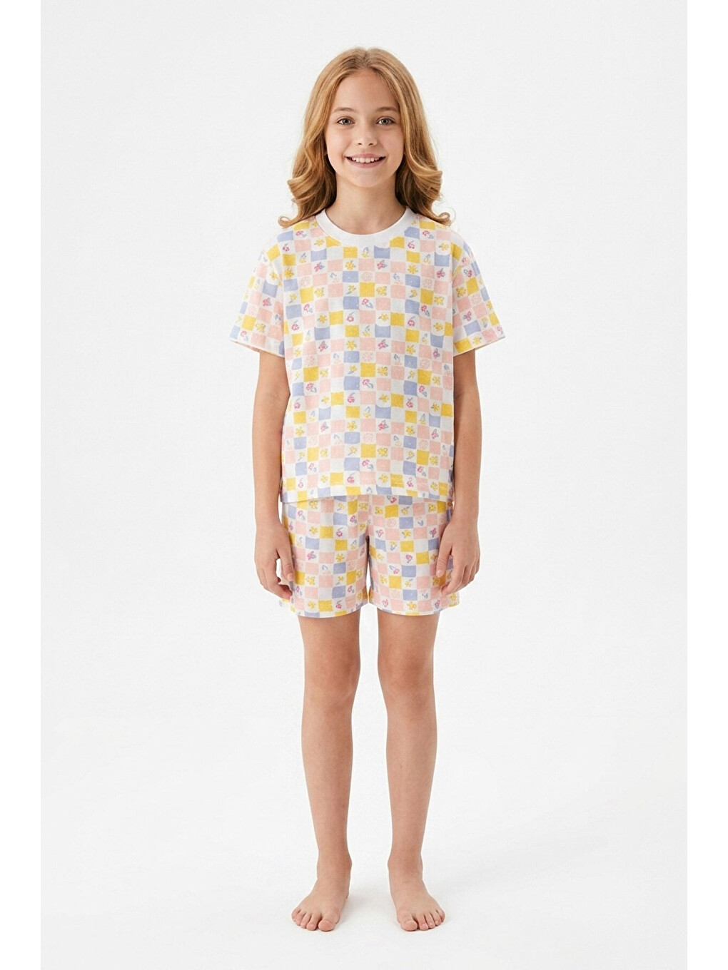 Sarı Kız Çocuk %100 Pamuk-baskılı Ve Şortlu Pijama Takımı 3-13 Yaş 12722ıs-1