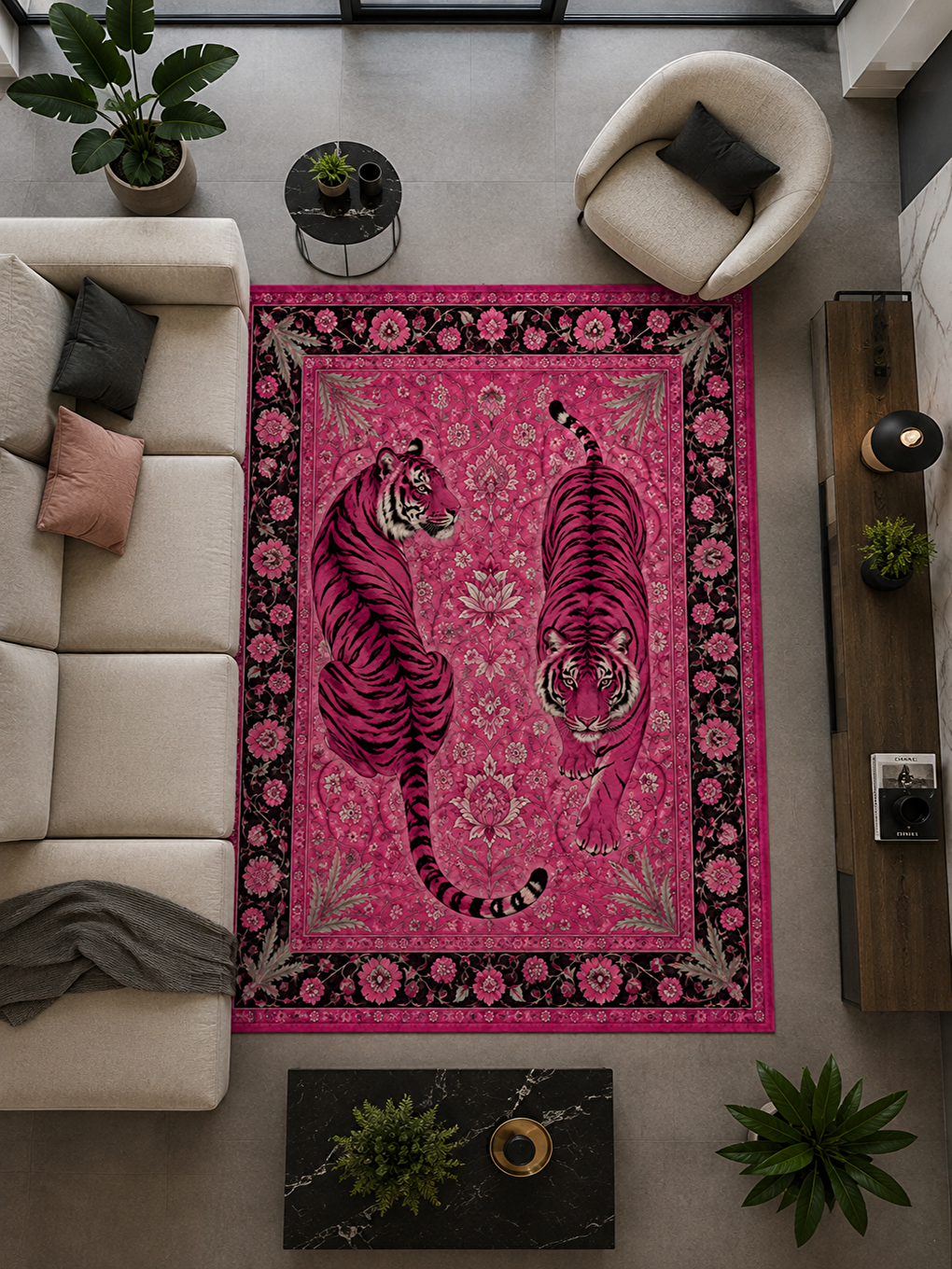 Modern Pembe Kaplan Desenli Kadife Kumaş Dot Taban Kaymaz Dijital Baskılı Dekoratif Halı-4