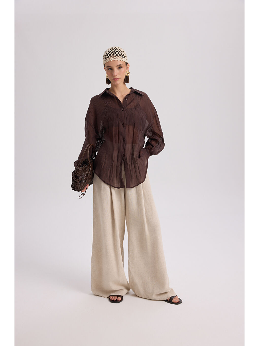 Kahverengi Darya Kırışık Detay Kahve Gömlek-1