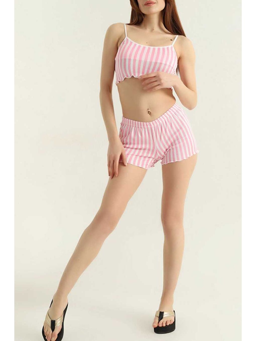 Çizgili Şortlu Takım Pembe - 27439