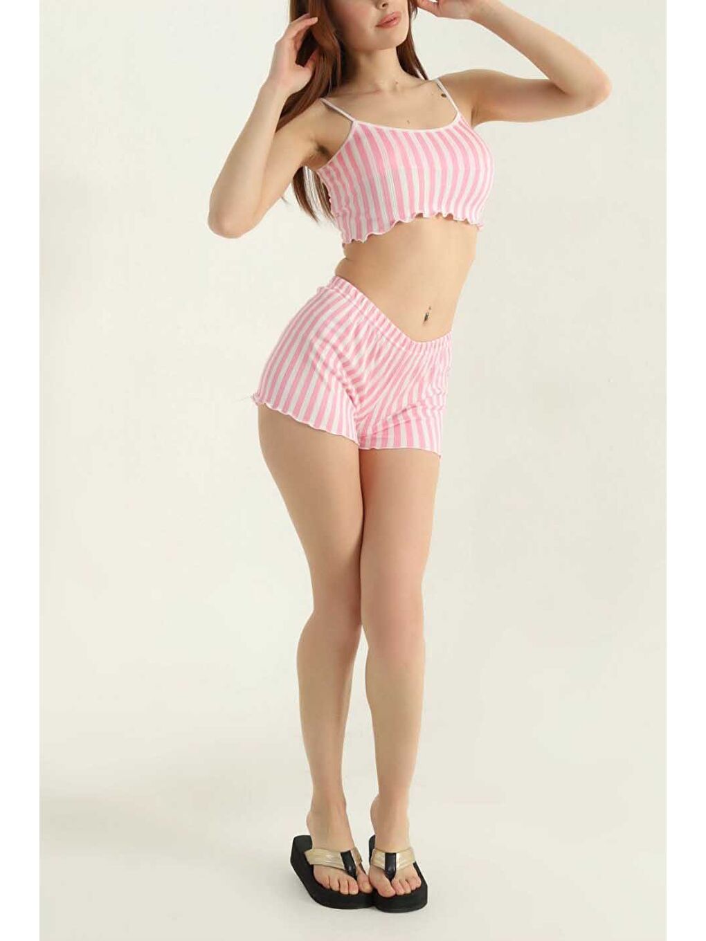 Çizgili Şortlu Takım Pembe - 27439-1