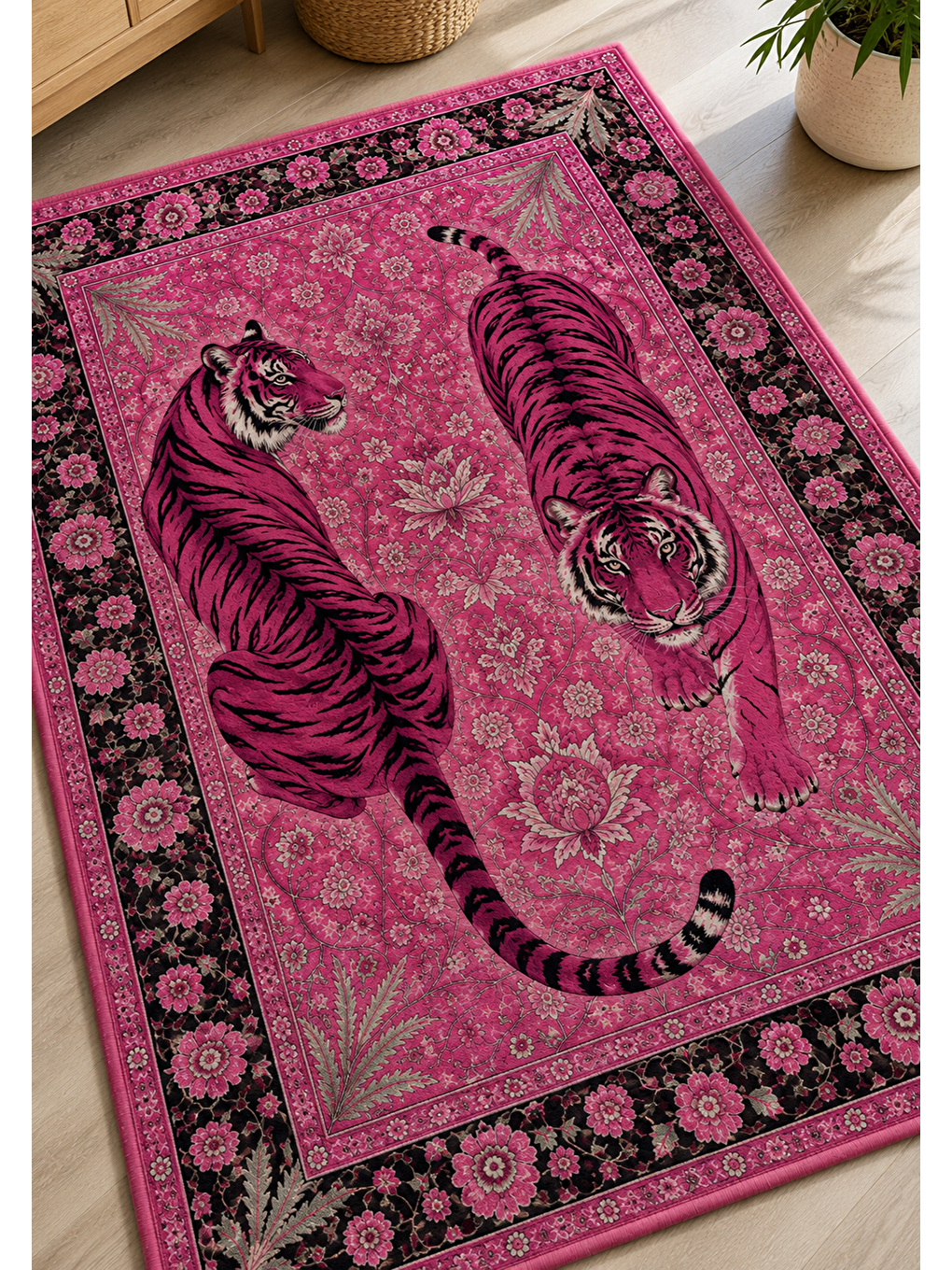 Modern Pembe Kaplan Desenli Kadife Kumaş Dot Taban Kaymaz Dijital Baskılı Dekoratif Halı-5