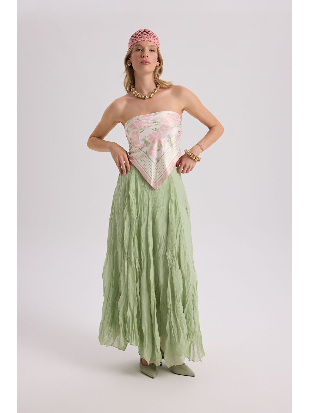 Freesia Kırışık Yeşil Uzun Etek-2