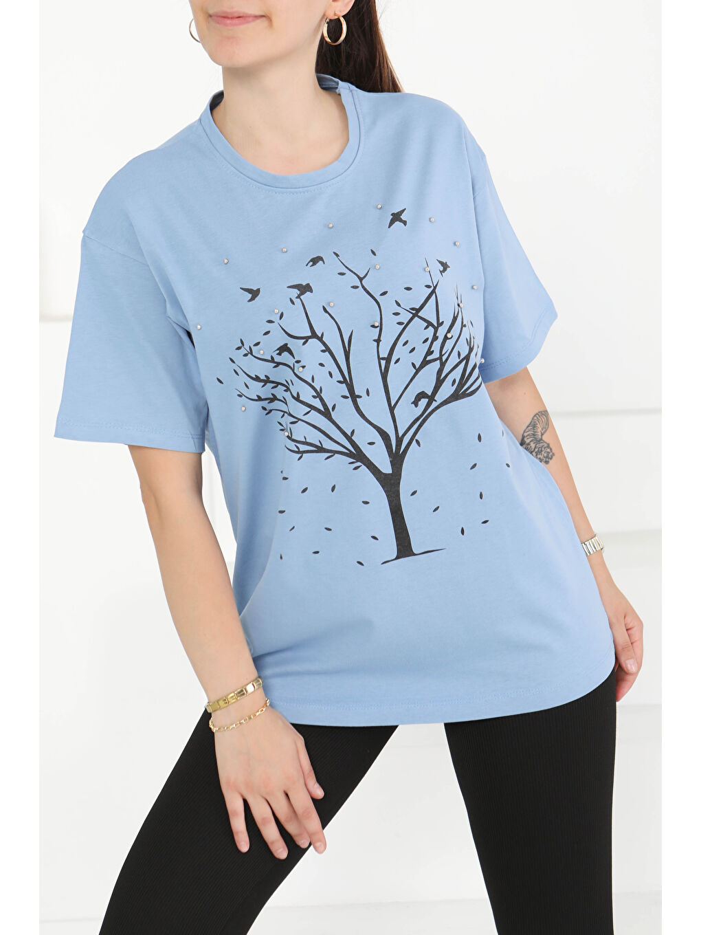 İndigo Baskılı Taşlı T-Şhirt Indigo - 27375-2