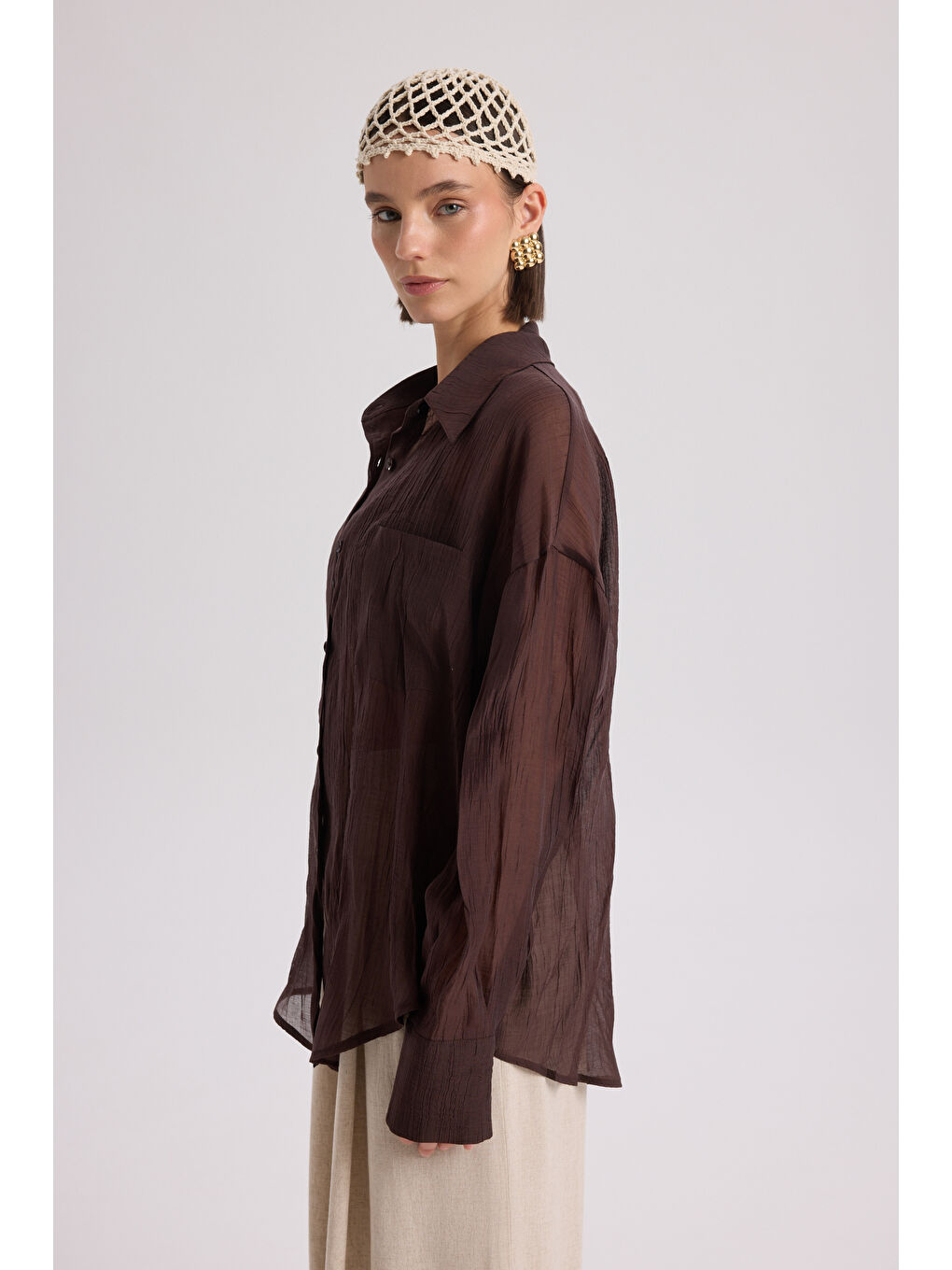 Kahverengi Darya Kırışık Detay Kahve Gömlek-3