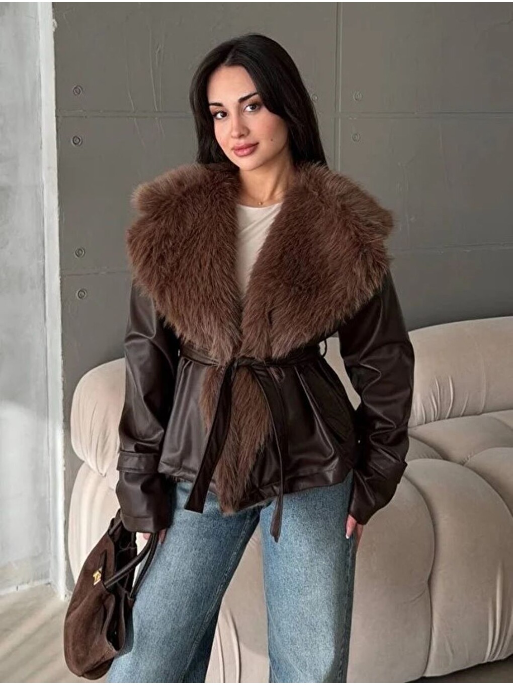 Yeni Sezon Kadın Deri Mont Kürk Yaka Mont Deri Kürk Yaka Deri Ceket Mont Kadın Kahverengi-1