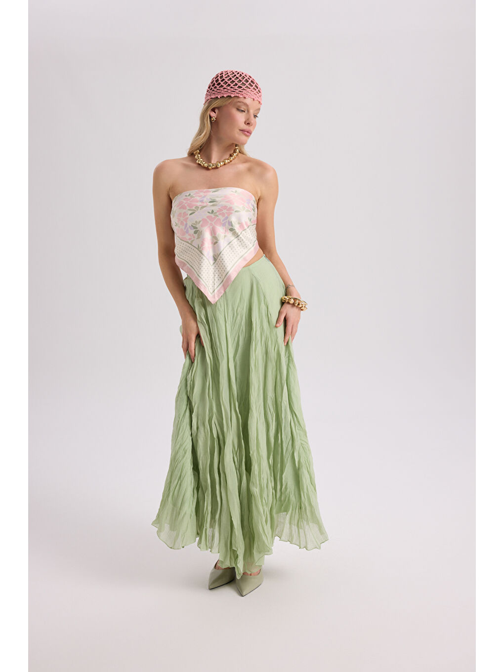 Freesia Kırışık Yeşil Uzun Etek-5