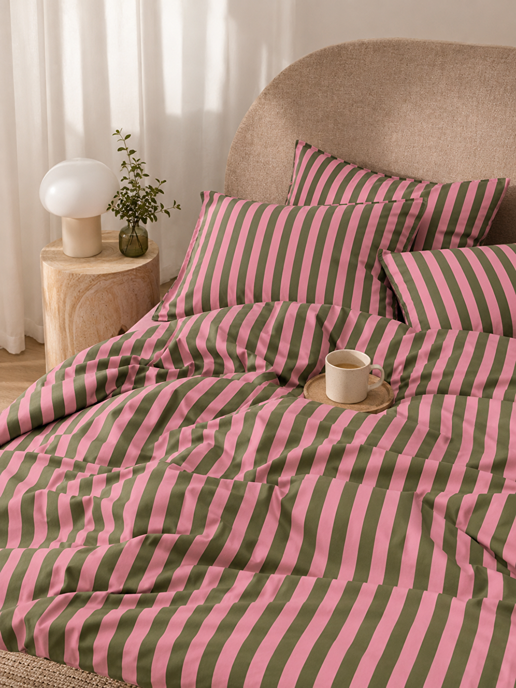 Haki Renkli Çizgili Nevresim Seti Modern Minimalist Geometrik Desenli Çift Kişilik Yorgan Kılıfı-3