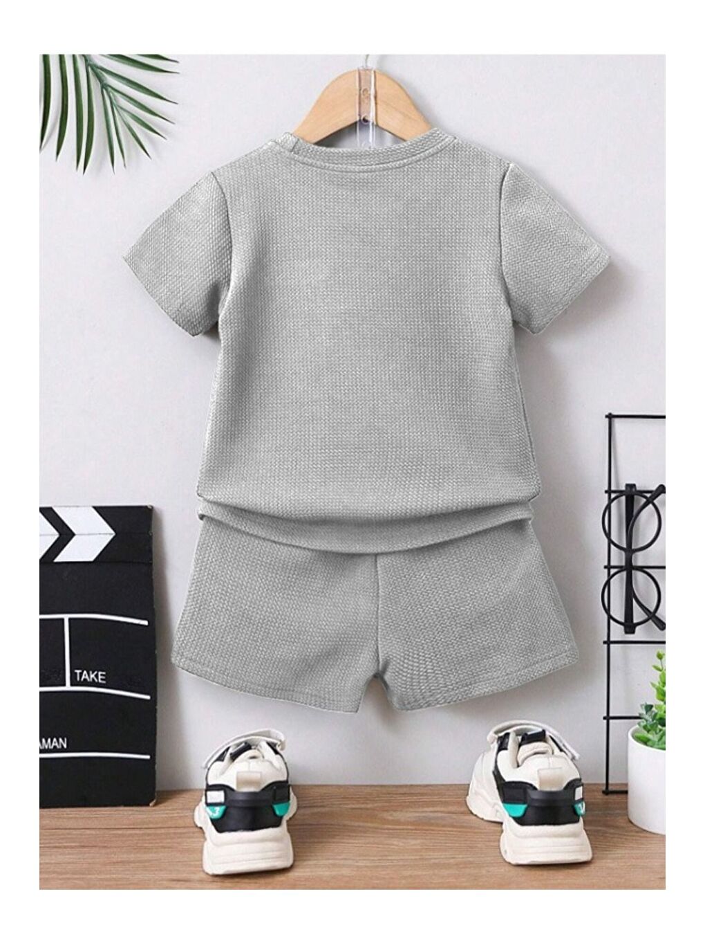 Yeşil Düz Renk Pamuk Waffle Kumaş Yazlık Cep Detaylı 2'li Takım-1