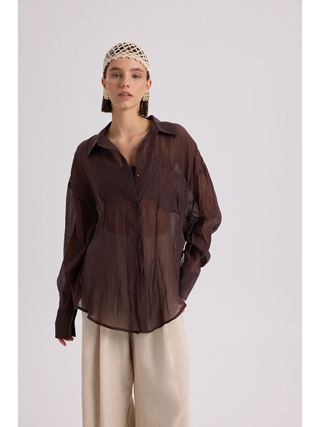 Kahverengi Darya Kırışık Detay Kahve Gömlek-5