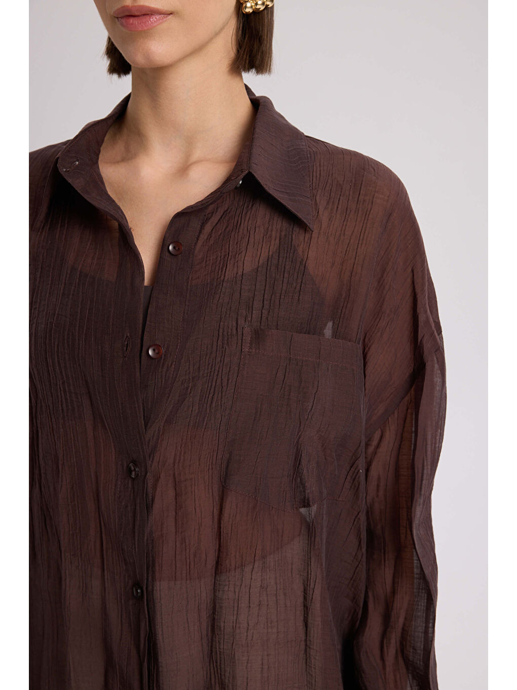 Kahverengi Darya Kırışık Detay Kahve Gömlek-6