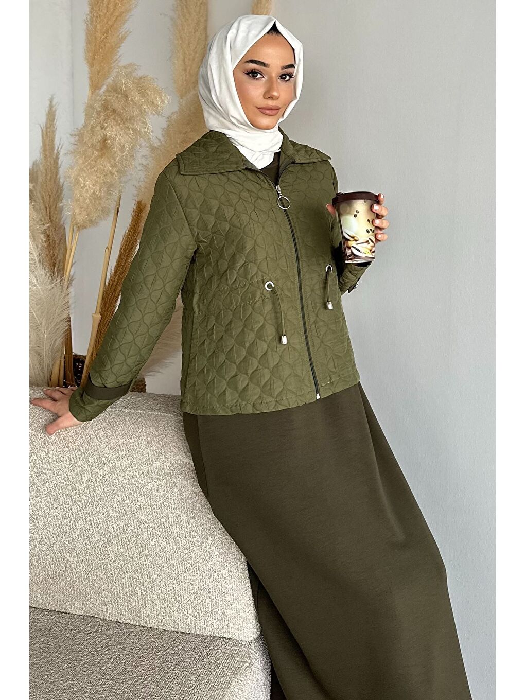 Haki Bisiklet Yaka Tesettür Elbise Jakarlı Ceket İkili Takım-2