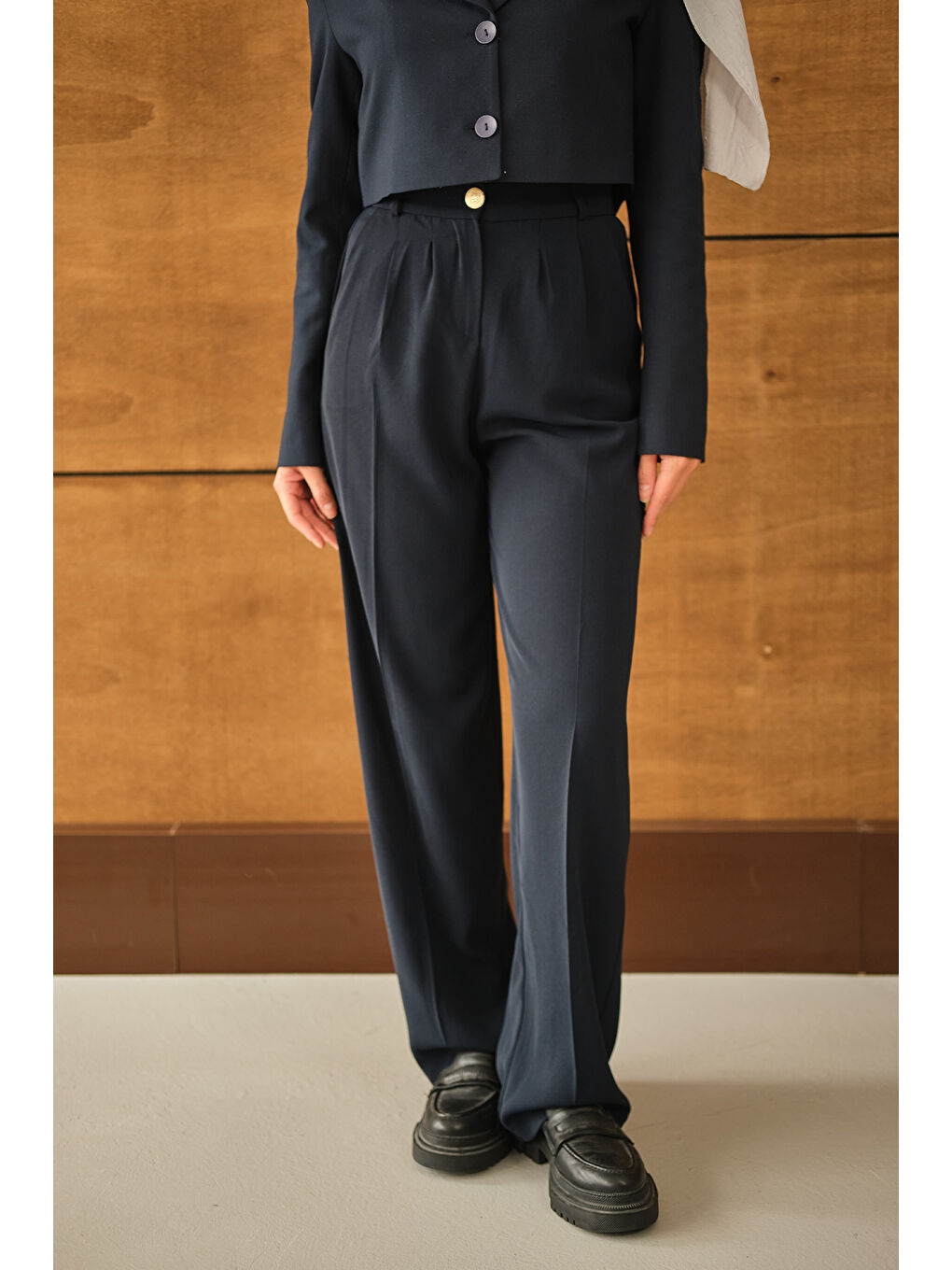 Kadın Beli Lastikli Pileli Pantolon Lacivert-1