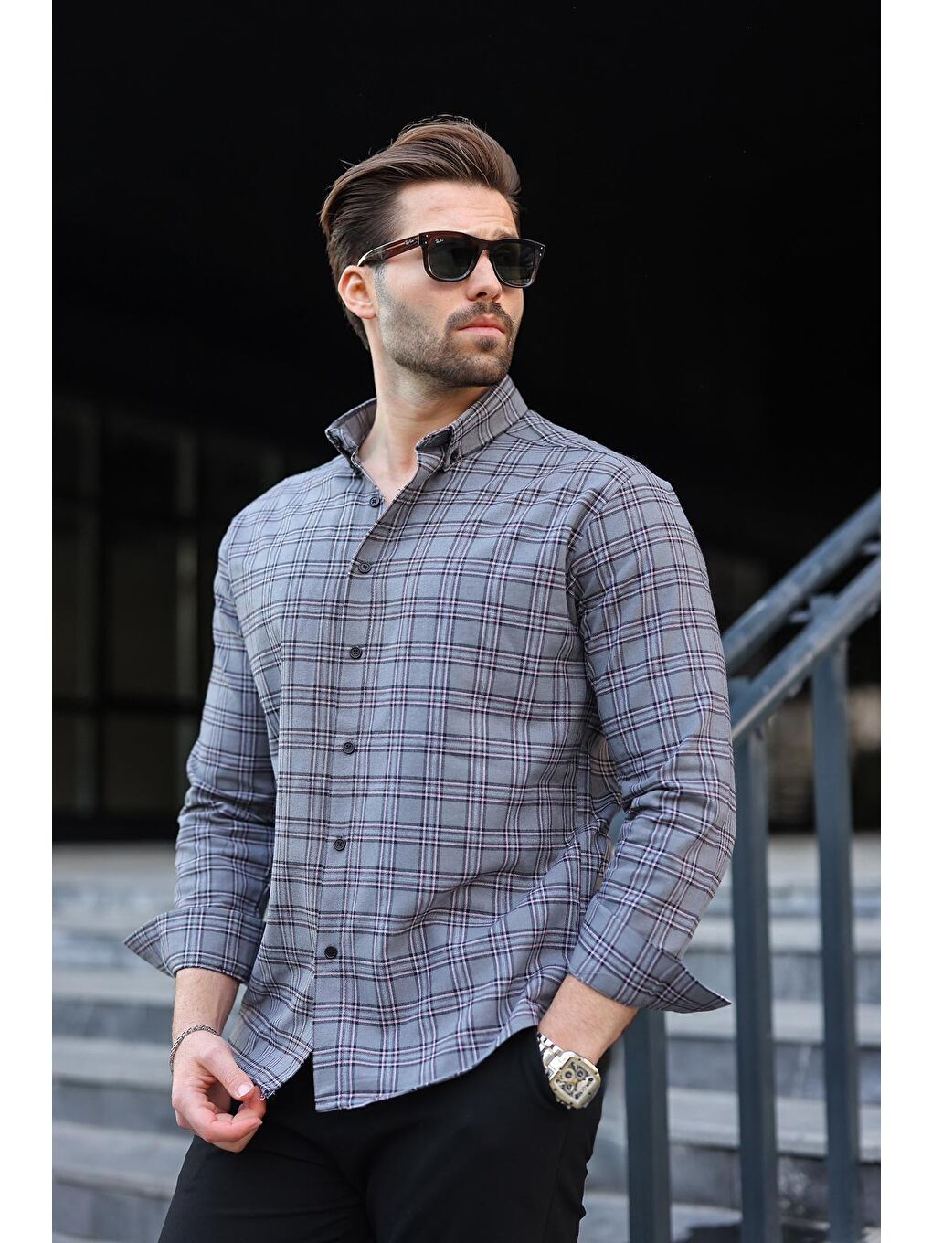 Gri Düğmeli Ekose Desenli Erkek Gömlek E6768-1