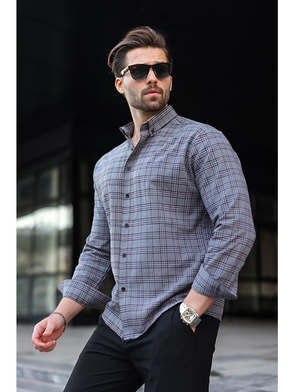 Gri Düğmeli Ekose Desenli Erkek Gömlek E6768-2
