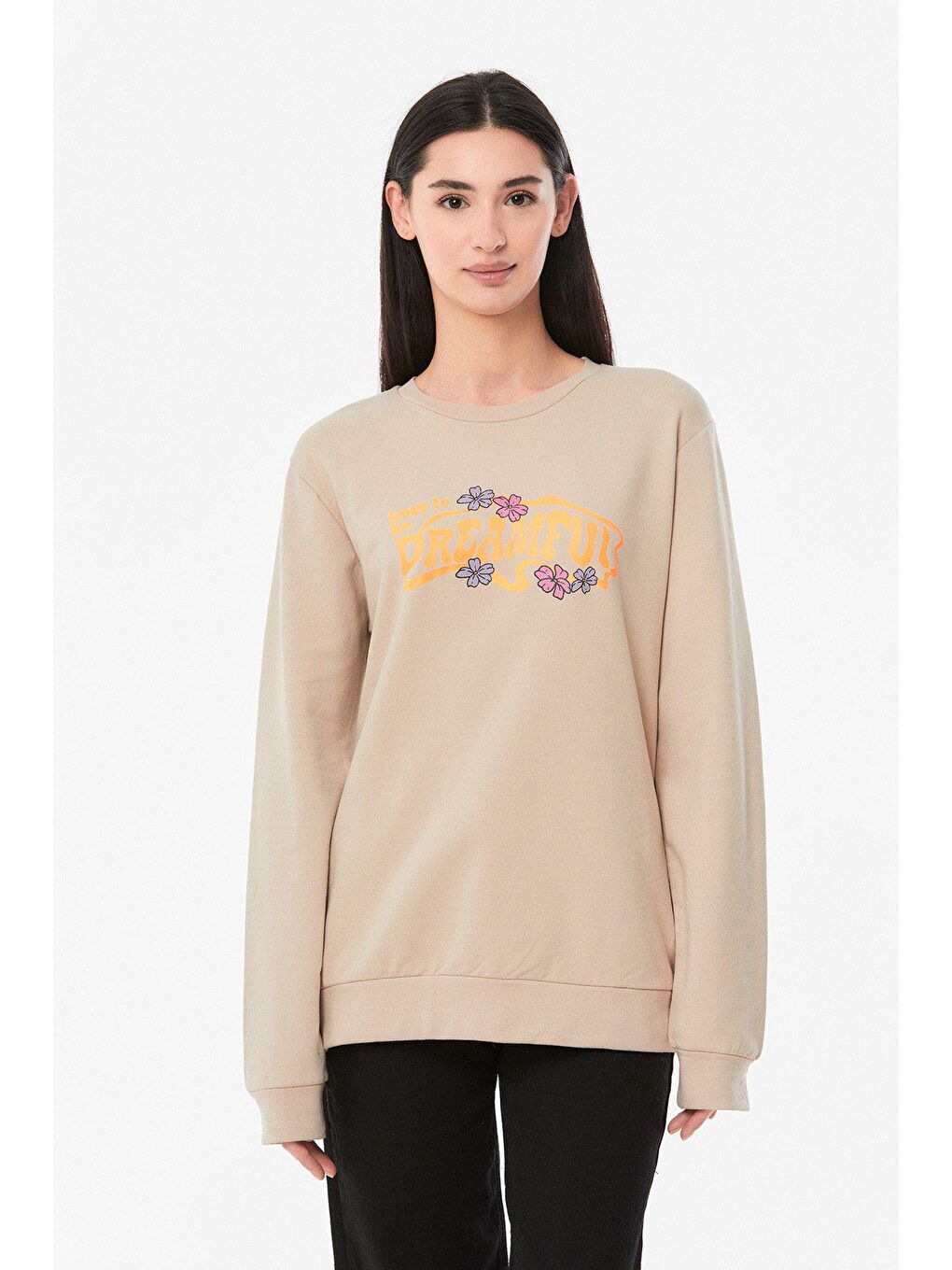 Bej Yazı Baskılı Bisiklet Yaka Kız Çocuk Sweatshirt