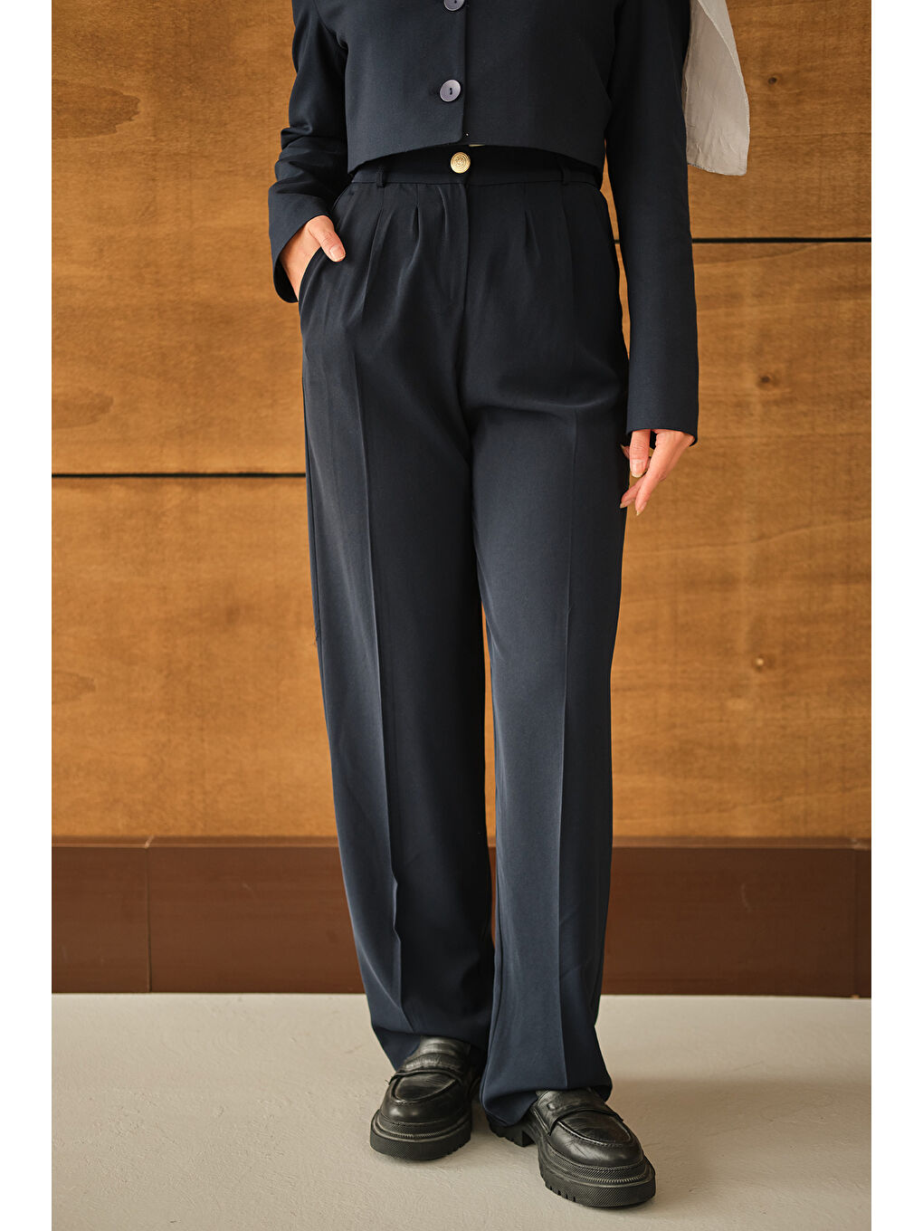 Kadın Beli Lastikli Pileli Pantolon Lacivert-3