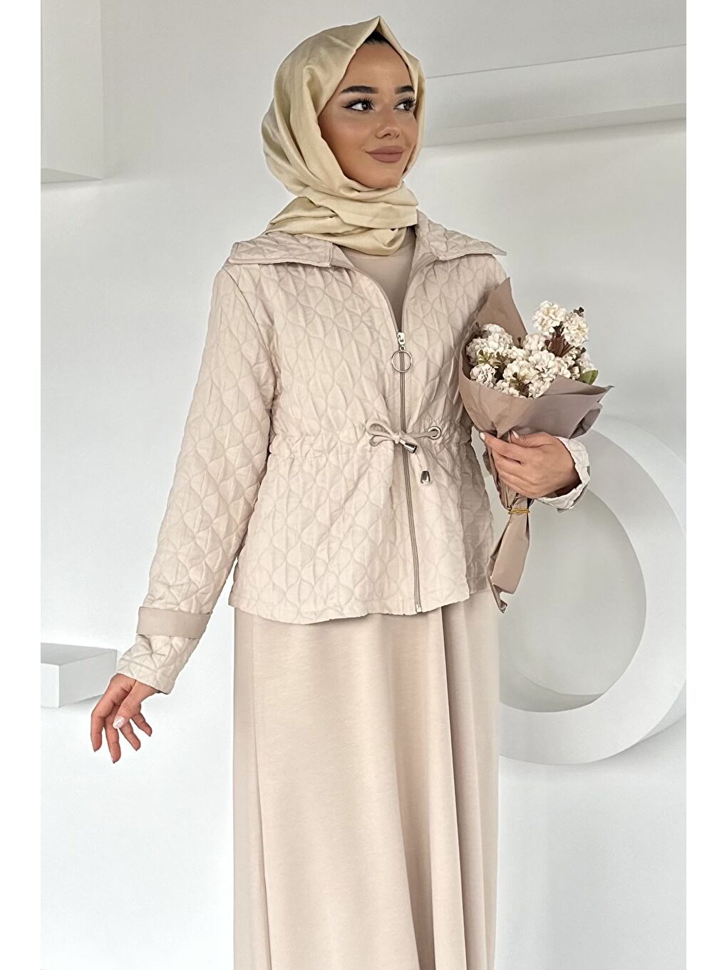 Bej Bisiklet Yaka Tesettür Elbise Jakarlı Ceket İkili Takım-3