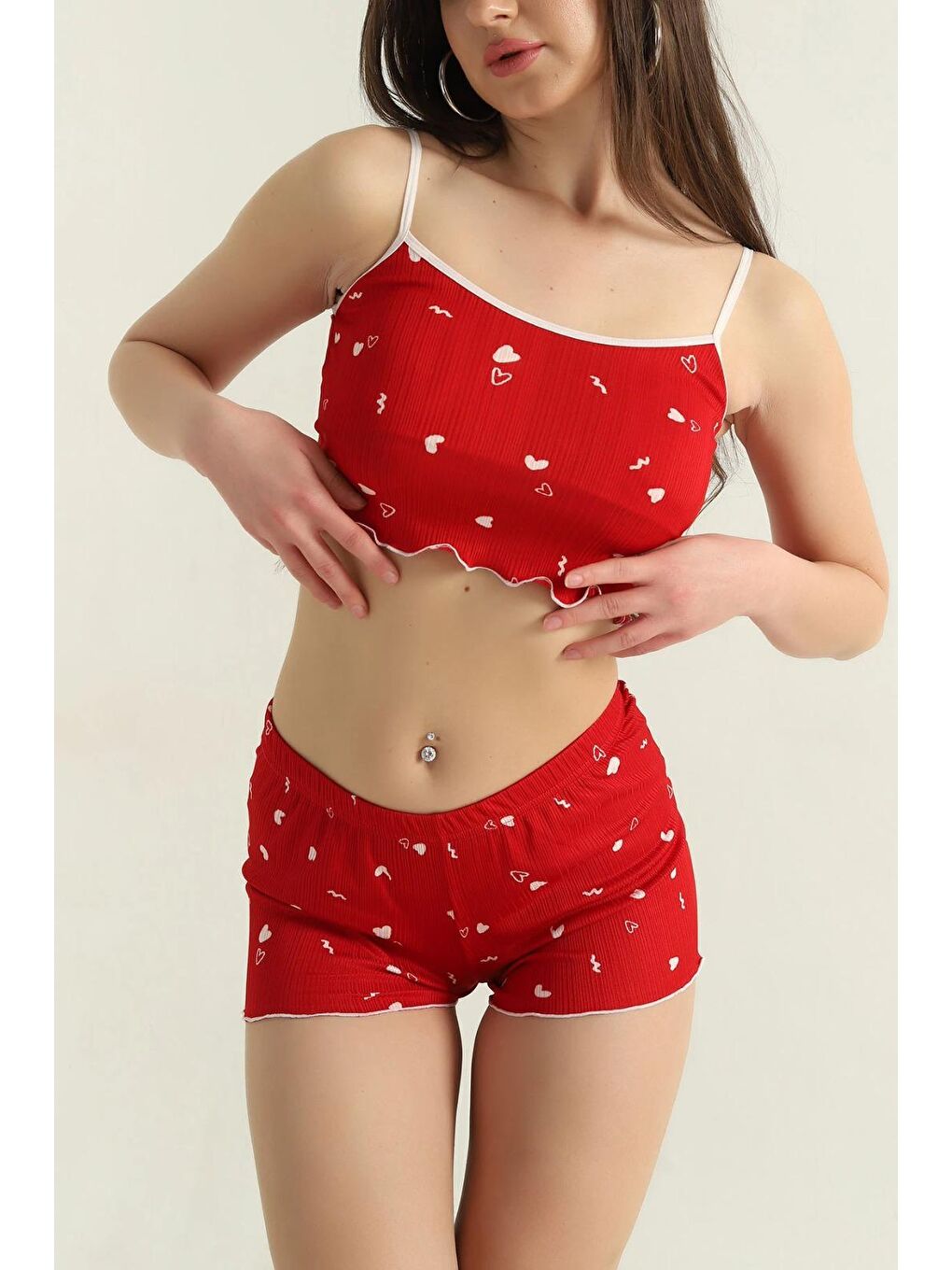 Kırmızı Kalp Desenli Şortlu Takım Kirmizi - 27440
