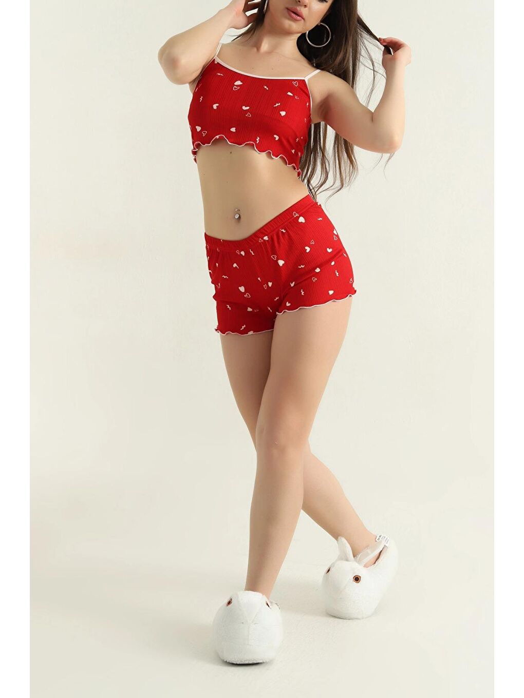 Kırmızı Kalp Desenli Şortlu Takım Kirmizi - 27440-1