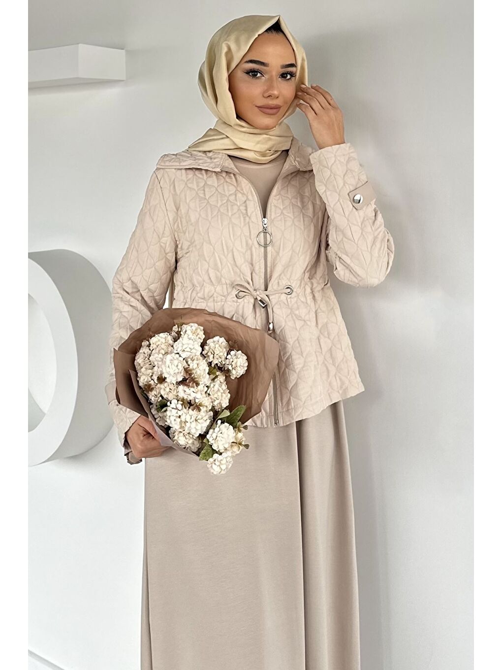 Bej Bisiklet Yaka Tesettür Elbise Jakarlı Ceket İkili Takım-4