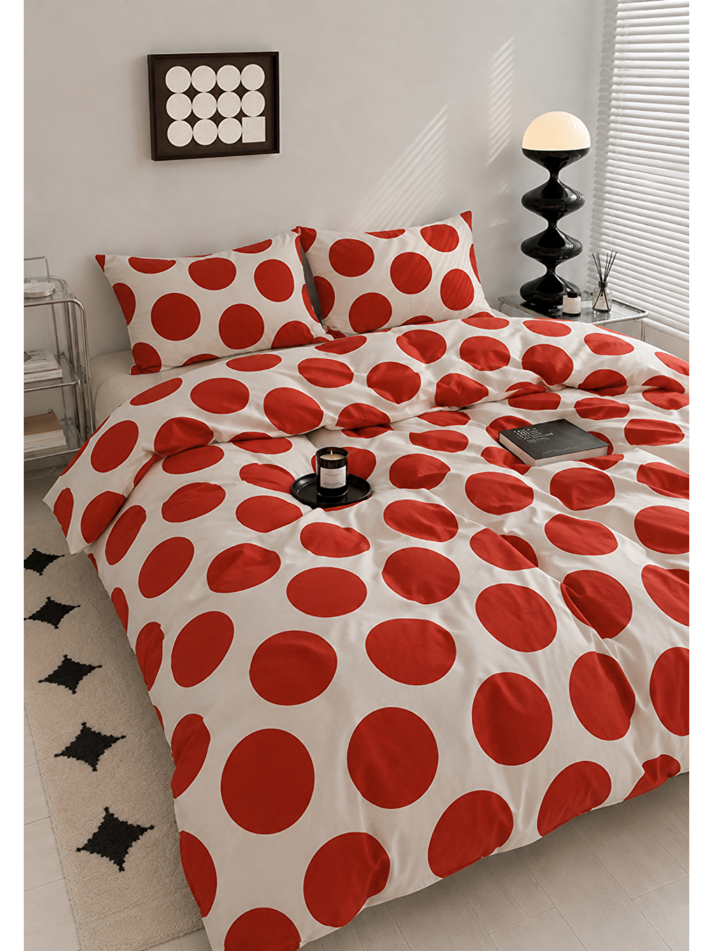 Kırmızı Puantiyeli Nevresim Takımı Modern Minimalist Geometrik Desenli Çift Kişilik Yorgan Kılıfı-1