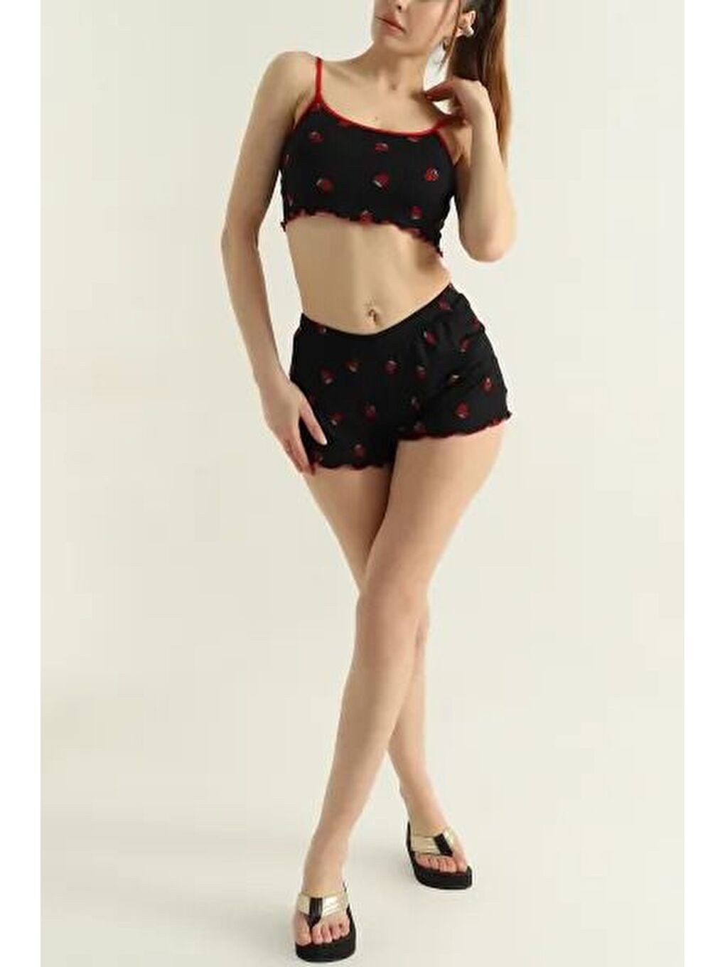 Çilek Desenli Şortlu Takım Siyah - 27438-1