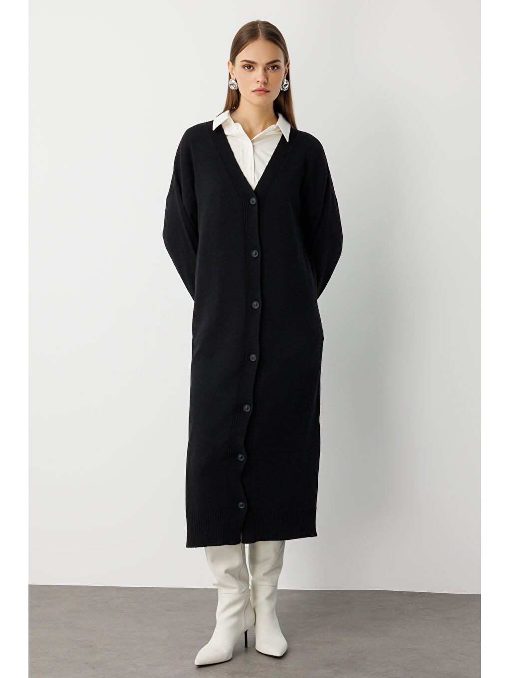 Oversize V Yaka Uzun Siyah Triko Hırka