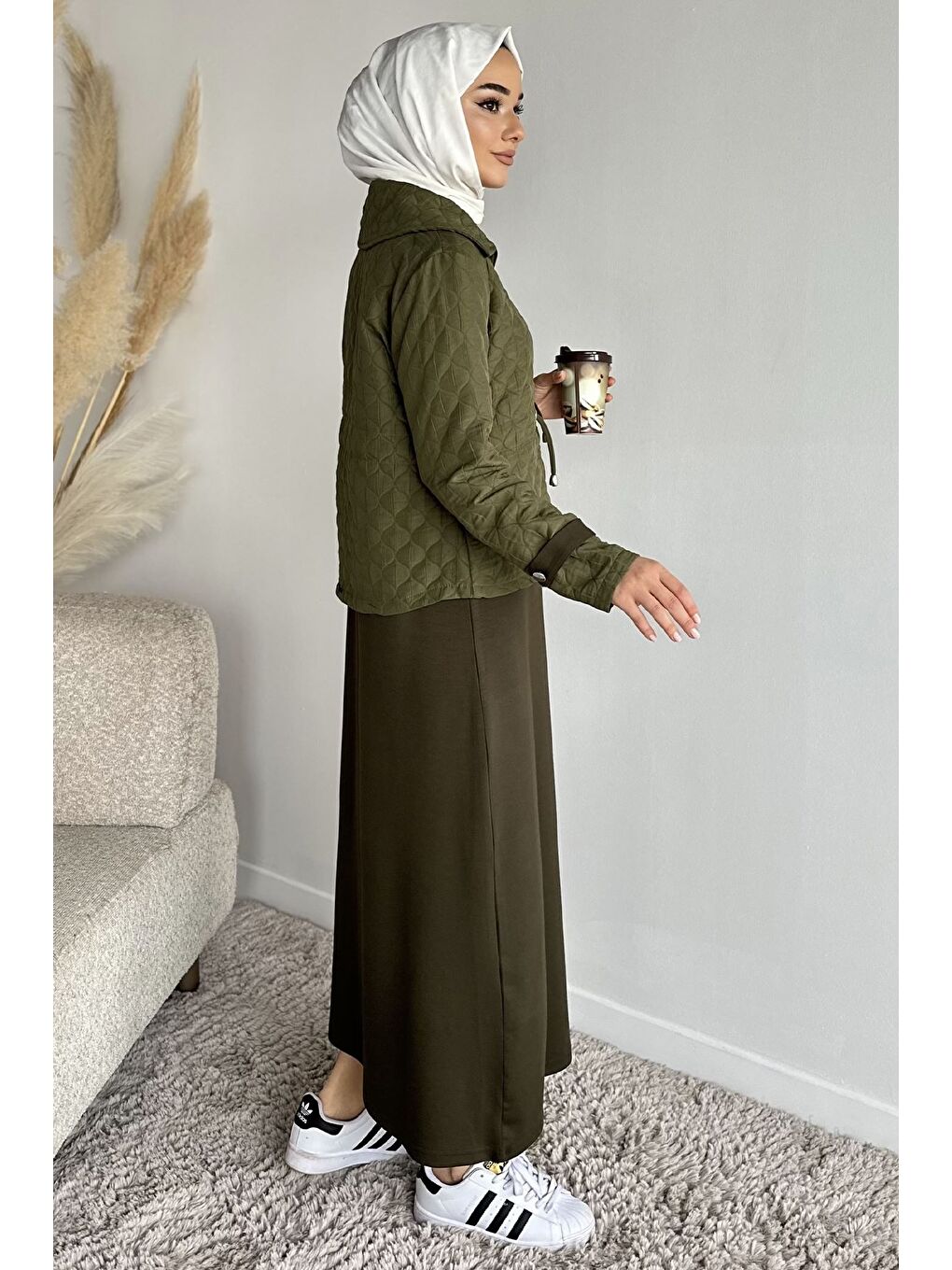 Haki Bisiklet Yaka Tesettür Elbise Jakarlı Ceket İkili Takım-5