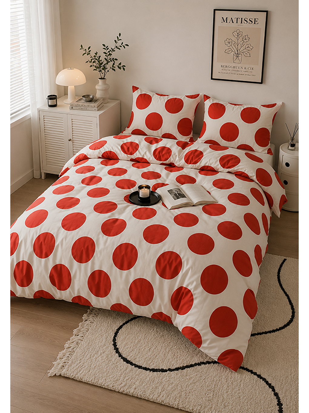 Kırmızı Puantiyeli Nevresim Takımı Modern Minimalist Geometrik Desenli Çift Kişilik Yorgan Kılıfı-3