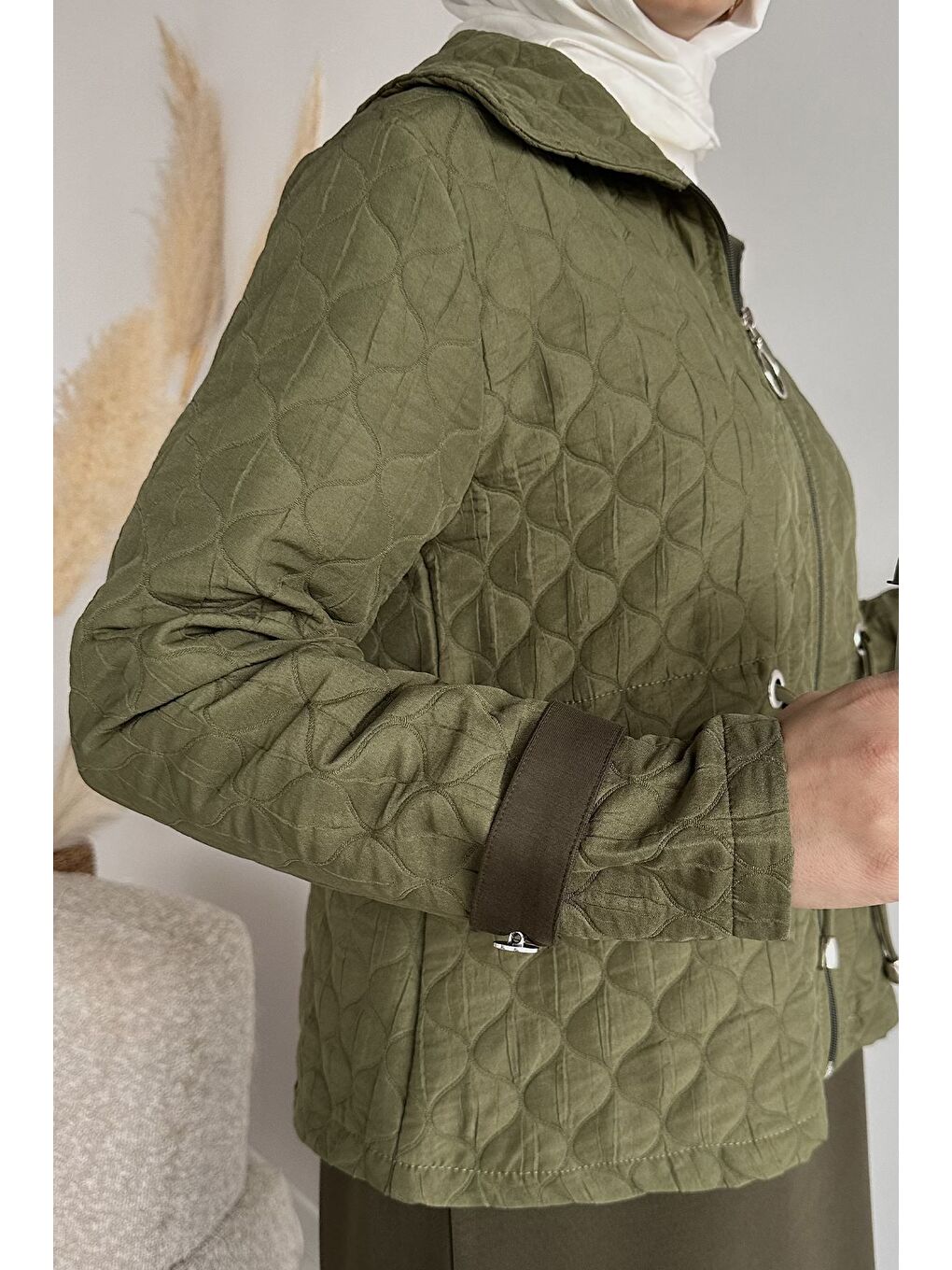 Haki Bisiklet Yaka Tesettür Elbise Jakarlı Ceket İkili Takım-6