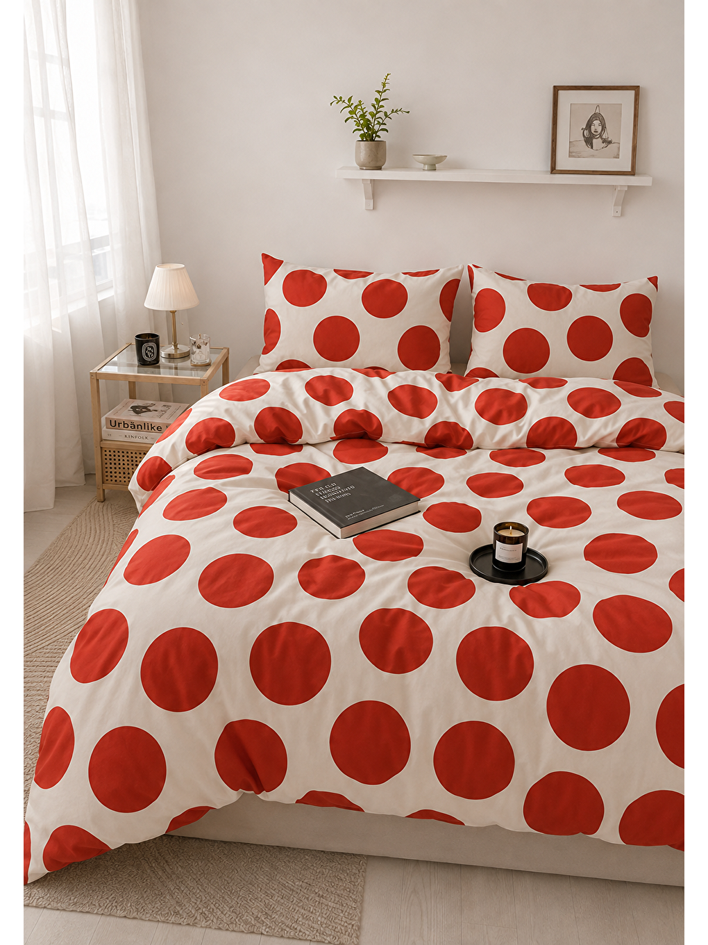 Kırmızı Puantiyeli Nevresim Takımı Modern Minimalist Geometrik Desenli Çift Kişilik Yorgan Kılıfı-4