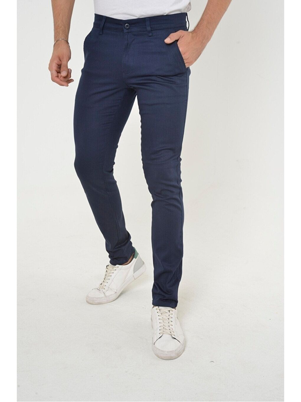 Gri Erkek Lacivert Slim Fit Dar Kesim Örgü Kumaş Yan Cep Pamuk Chino Pantolon-1