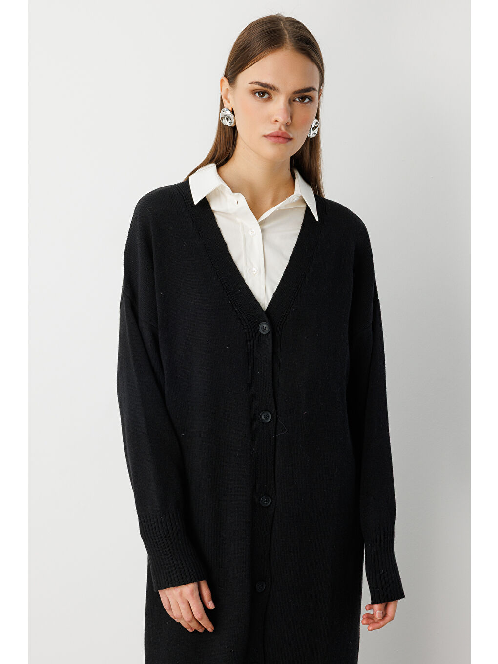 Oversize V Yaka Uzun Siyah Triko Hırka-2